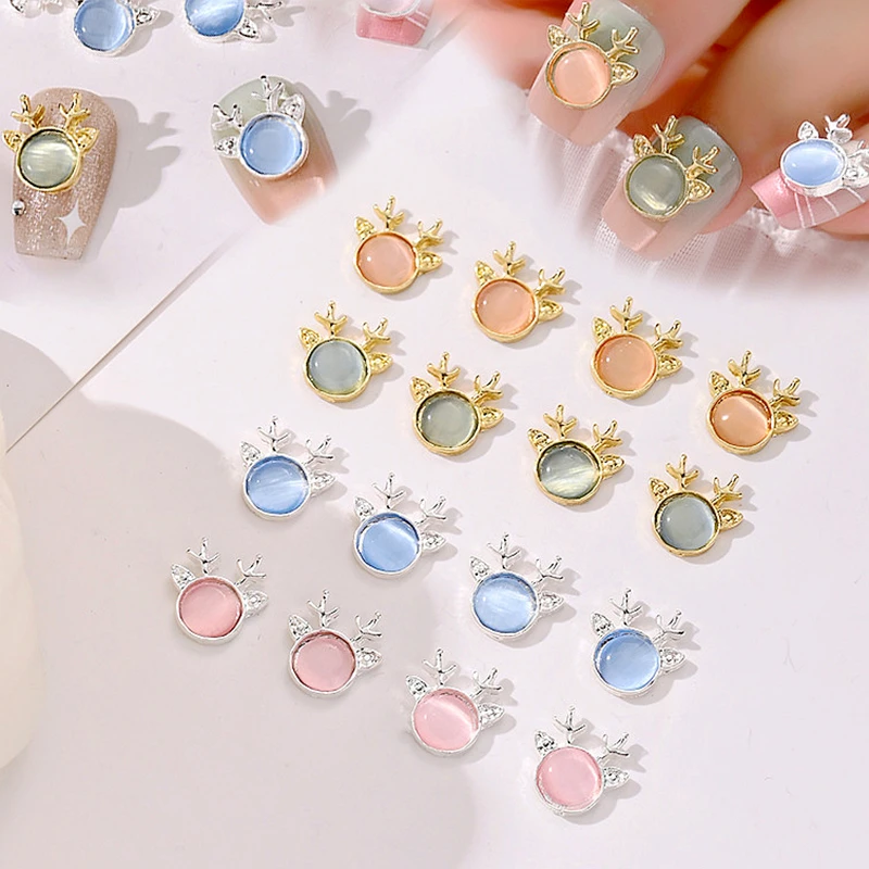 10PCS 3D Luxury Alloy Nail Art Deer Charm Cat's Eye Rhinestone Opal Accessories For Christmas Nails Decoration Manicure Supplies