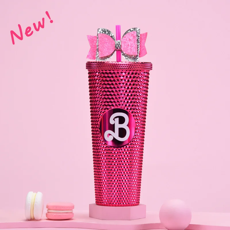 Copo de palha de plástico portátil de dupla camada rosa B, criativo Diamond Cup, grande capacidade, 710ml, novo