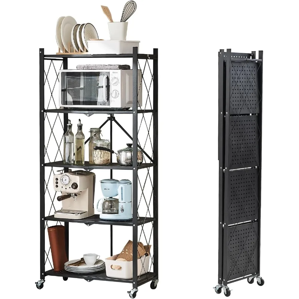 

5-Tier Foldable Storage Shelves with Wheels, Folding Metal Rack Shelving Unit, Organizer Shelf for Garage, Storage Rack