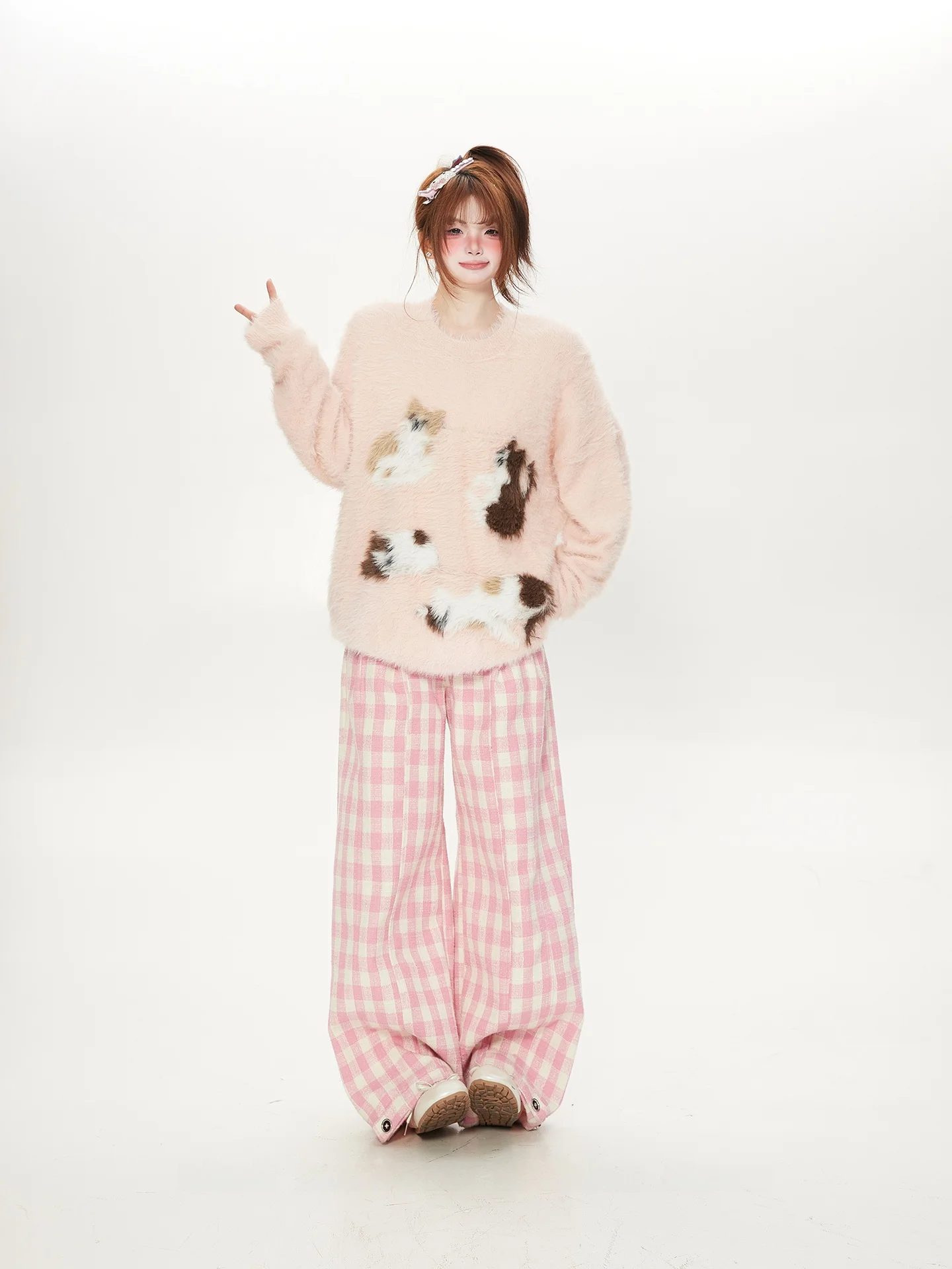 

Мягкий корейский вязаный свитер круглой формы, розовый, свободного кроя, осенне-зимний, высококачественный, с мультяшной вышивкой, модный топ