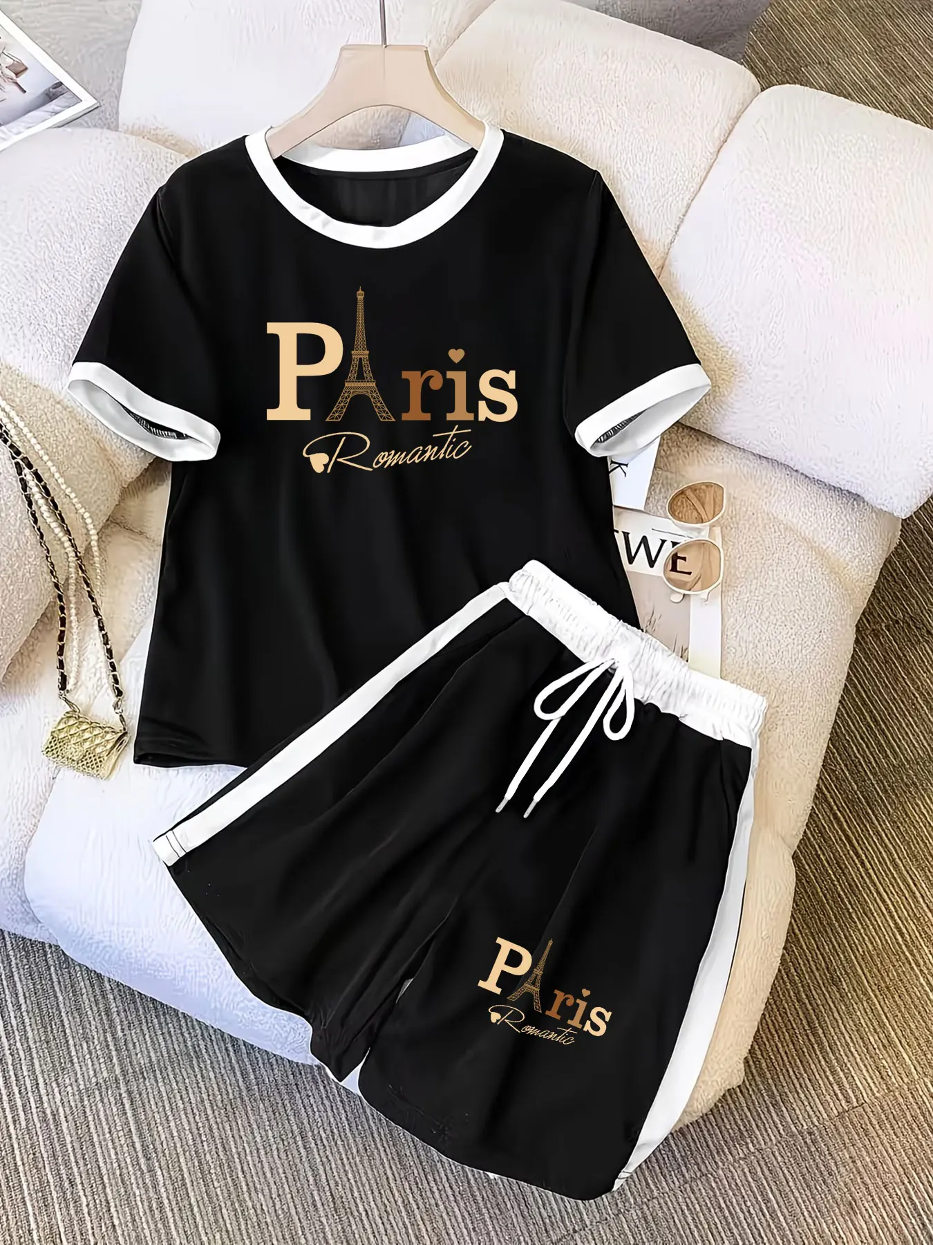 

Персонализированные принты, контрастные цветовые решения, женские костюмы, топы с короткими рукавами и шорты для весны и лета, повседневные спортивные летние комплекты из двух предметов для женщин, подходящие для ежедневных поездок на работу, прогулок по 