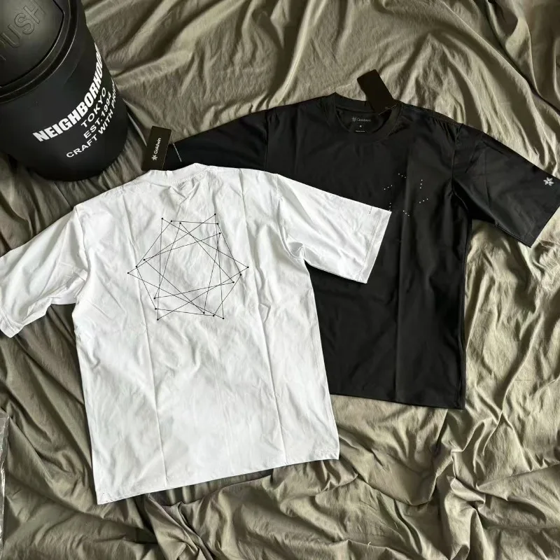 Black White Goldwin Functional Lines Print T Shirt Japanese Men Women Loose Simple Print Tag Short Sleeve Round Neck T-shirt