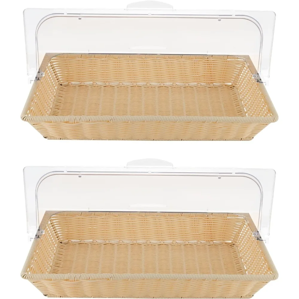

2 Pcs Bread Basket 21x13 Inch Imitation Rattan Bread Basket with Acrylic Roll Top Lid, Woven Fruit Basket with Clear Cover