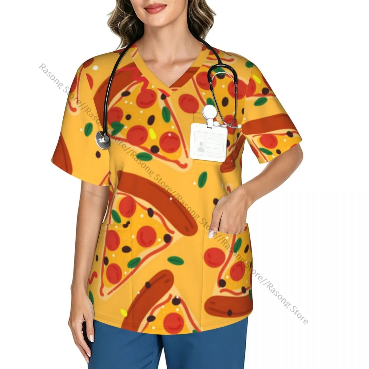 Women Scrubs Blouse Medical Nurse V-neck Clinical Scrubs Top Cartoon Pizza Cute Food Operating Room Work T-shirt