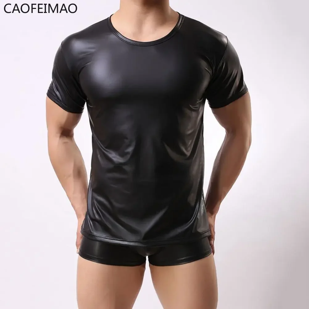 

Men's T-Shirt Short-Sleeved Stretch Faux Leather Undershirt With Muscles Men's Dance Top Short-Sleeved Club Slim T-shirt футболк