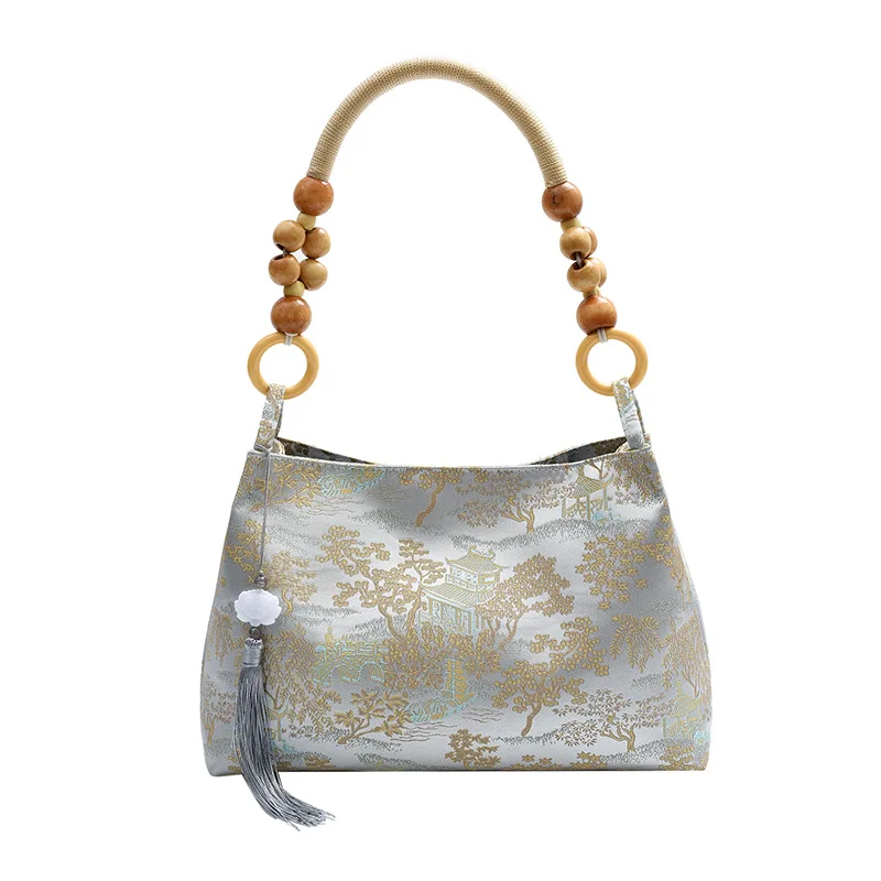 2024 New Bag Women's New Chinese Style Small and Popular Velvet Embossed Art Chinese Style Wooden Bead Single Shoulder Handbag