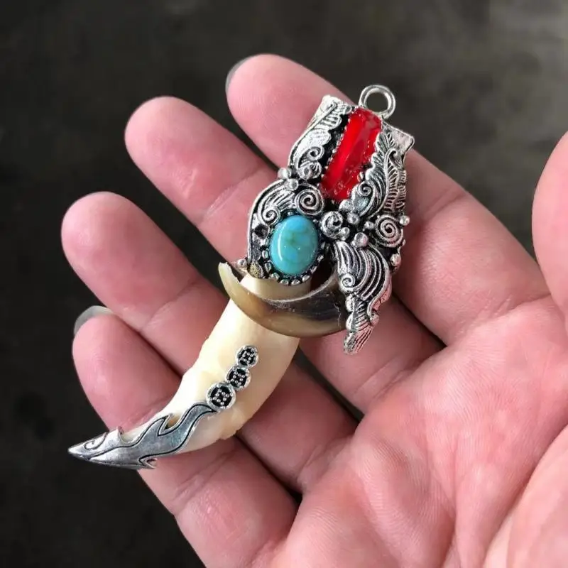 China Cloisonne Tibetan Silver Wild Boar Tusks Teeth Taxidermy Amulet tatue