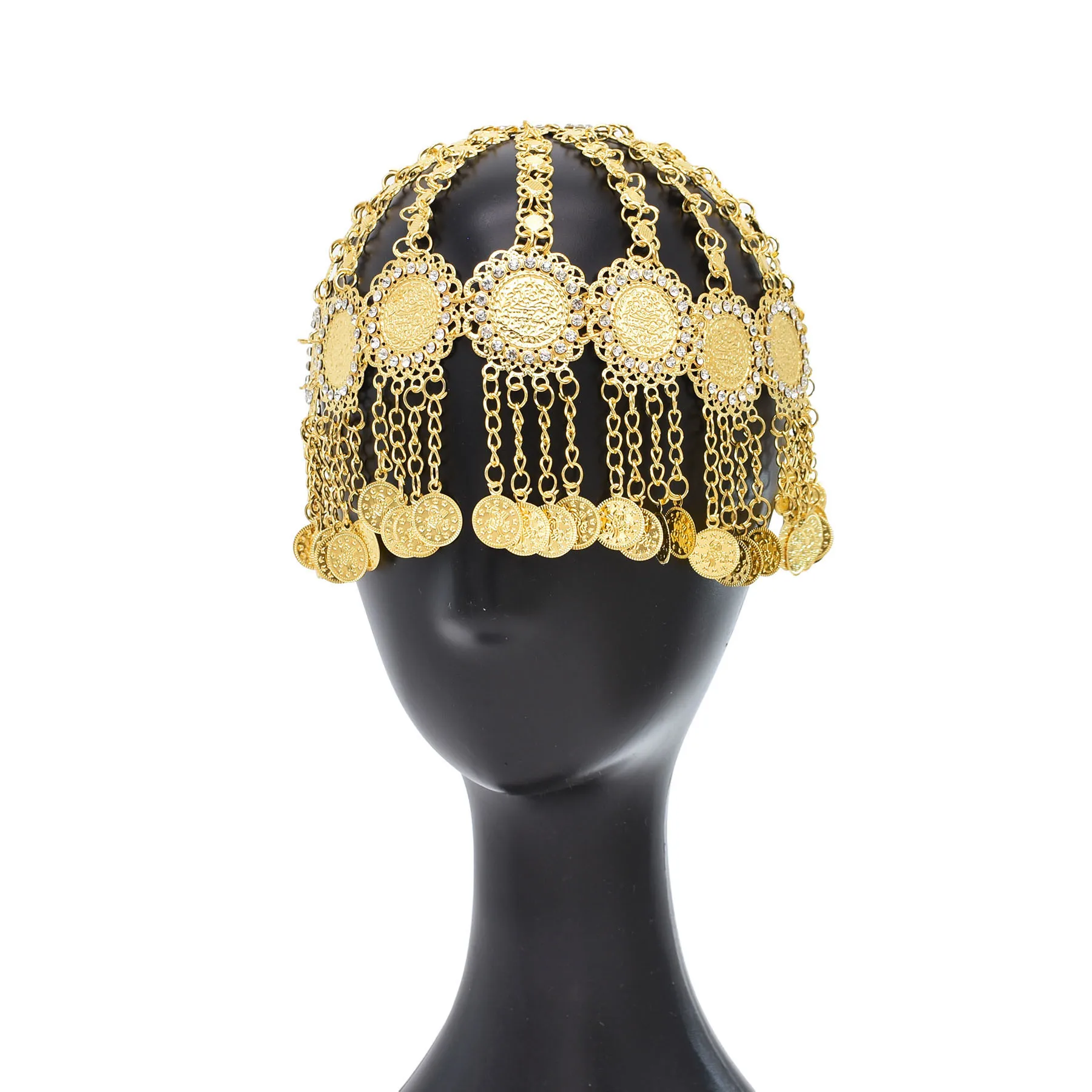 Golden Coins Tassel Rhinestone Flower Hat Headpiece Hair Accessory for Women Arab Dubai  Indian Ethnic Costume Headwear Jewelry