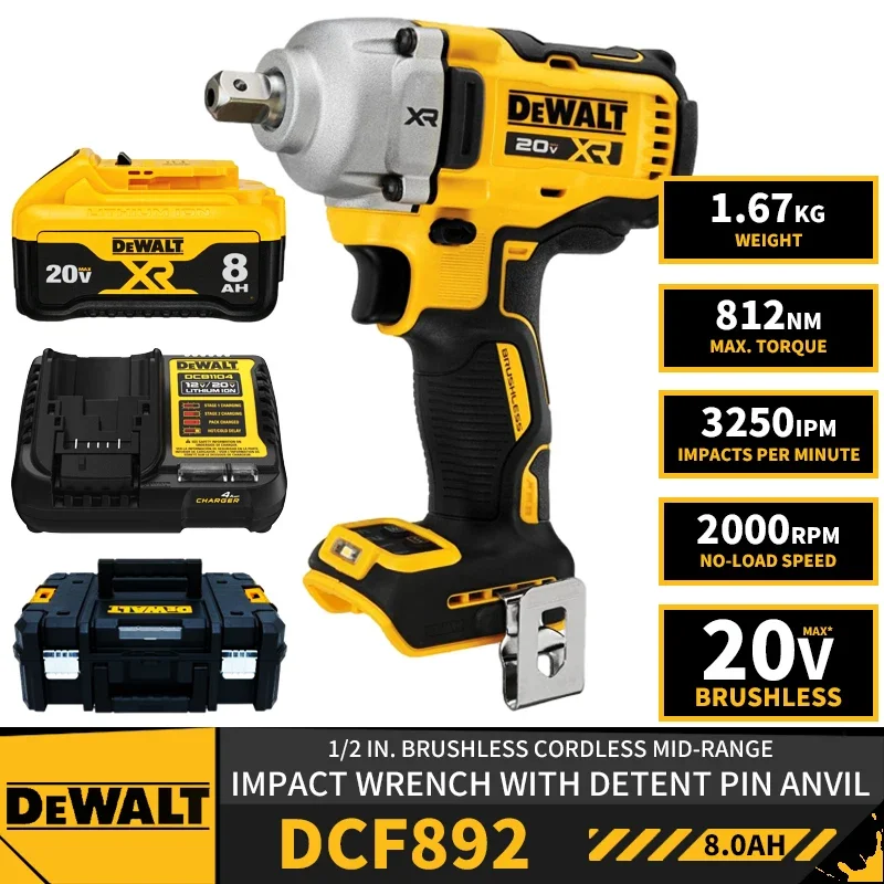 DEWALT DCF892 Kit 1/2in Brushless Cordless Mid-Range Impact Wrench With Detent Pin Anvil 20V Lithium 812NM With Battery Charger