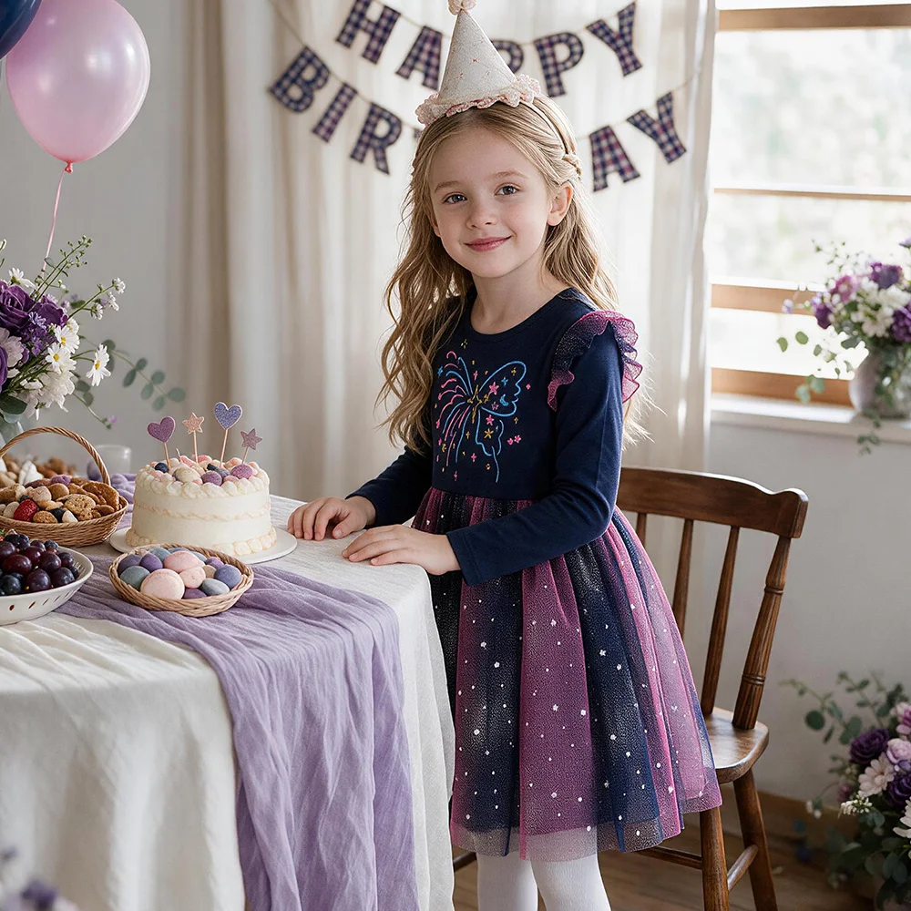 Mädchen Galaxy Stern Schmetterling Druck Langarm Tüll Prinzessinnen-Partykleid Kleinkinder Herbst Frühling Farbverlauf Ombre Marineblau Outfits – Detail 4