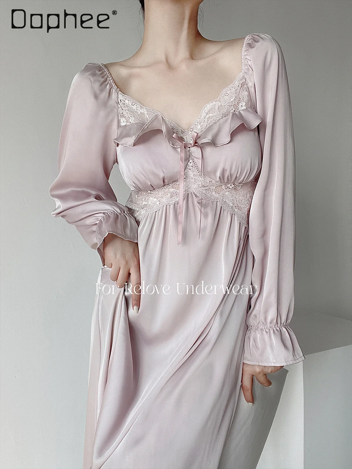 

French Ice Silk Nightgowns Long Sleeve V Neck Lace Patchwork Bow See Through with Chest Pad Sleepwear Women Spring Autumn