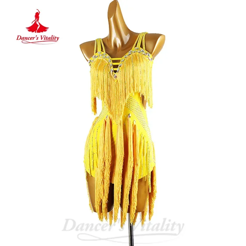 Latin Dance Competition Clothing Customized Luxury Diamond Tassel Dress Adult Children Tango Samba Rumba Performance Costume