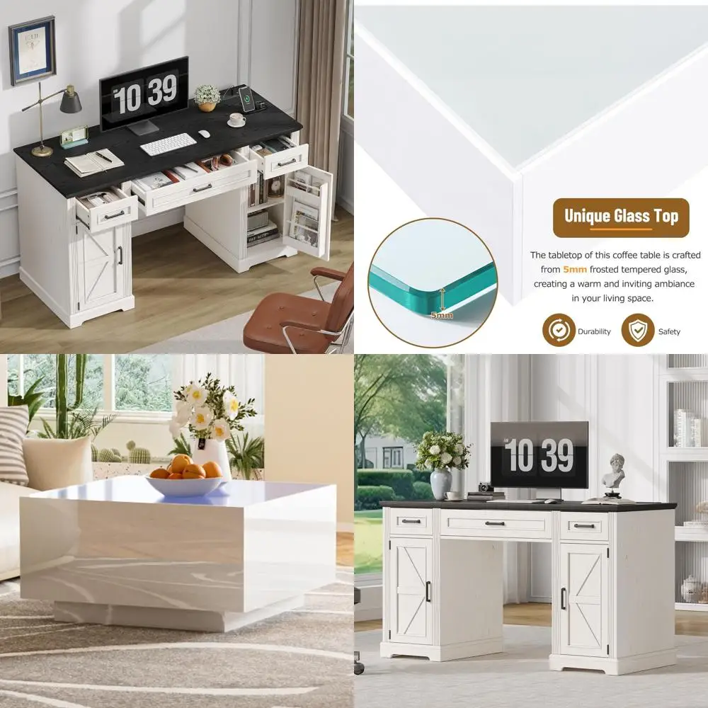 Contemporary White LED Illuminated Coffee Table with 5mm Frosted Glass, High Gloss, 16-Color Smart Control, Durable MDF Construc