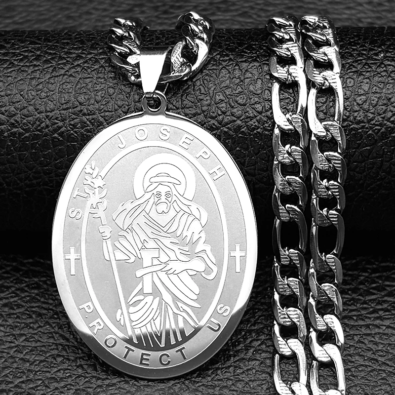 سانت جوزيف حماية لنا البيضاوي قلادة قلادة للنساء الرجال الفولاذ المقاوم للصدأ الذهب اللون الكاثوليكية الهيب هوب سلسلة ميدالية مجوهرات هدية #3