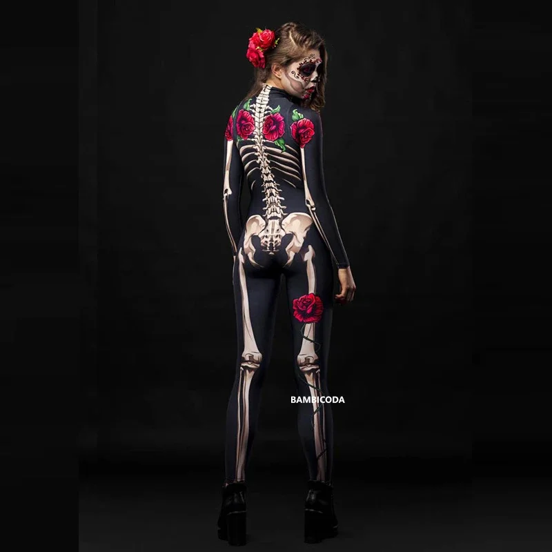 Halloween Scary Cosplay Adult Kids Rose Skeleton Scary Costume Sex Jumpsuit Carnival Party Women Girl Fright Set Day Of The Dead