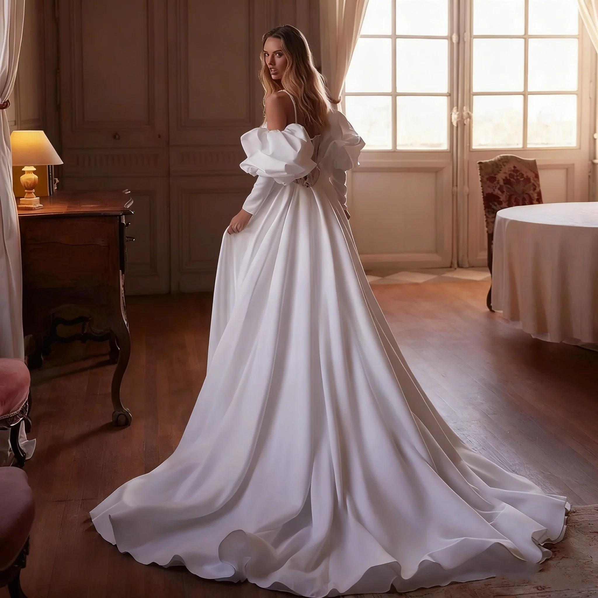 맞춤형 얇은 스트랩 머메이드 웨딩드레스 레이스 비즈 장식 반짝이는 신부 드레스 2피스 세트 새틴 웨딩드레스 탈부착 가능한 트레인