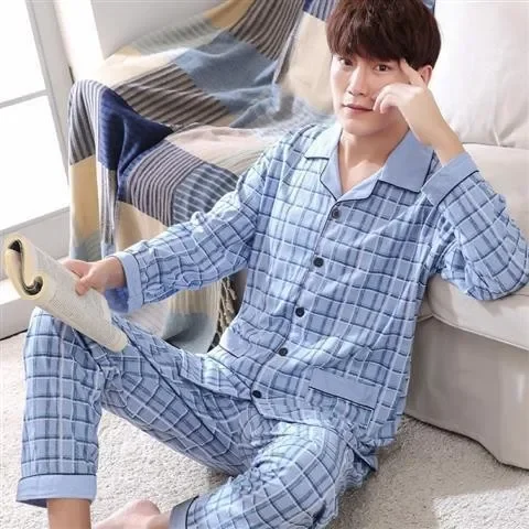 Fall 100% Cotton Pajamas Men\'s Comfortable Long-sleeved Plus Size Home Wear Suit Teenagers Leisure Outdoor Can Be Worn Outside