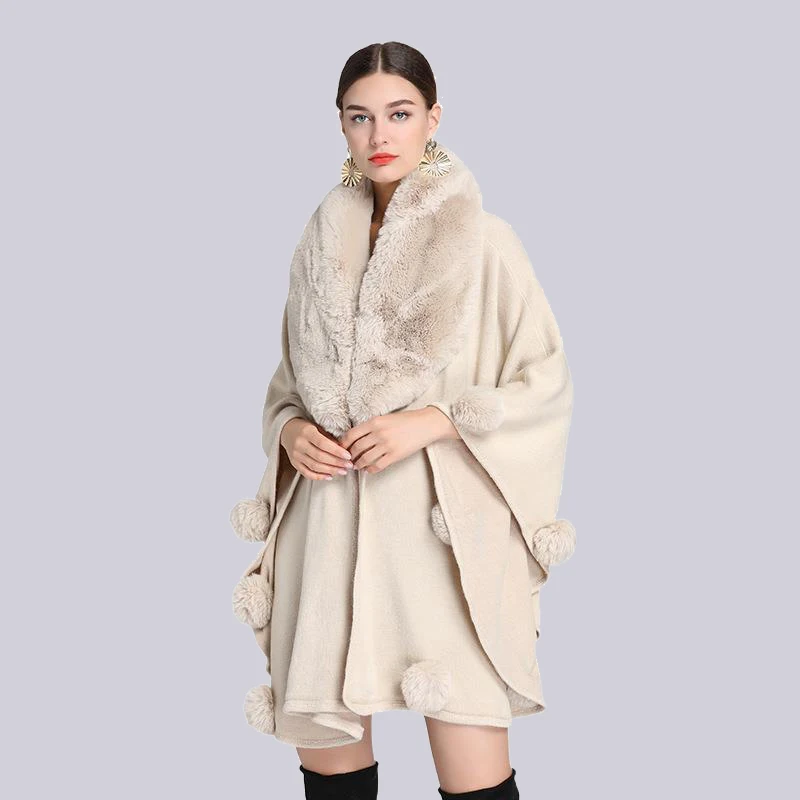 

Fashion Faux Rex Rabbit Fur Cape Coat Wide Lapel Elegant Women Knit Acrylic Cashmere Cloak Warm Wraps Overcoat Winter Autumn