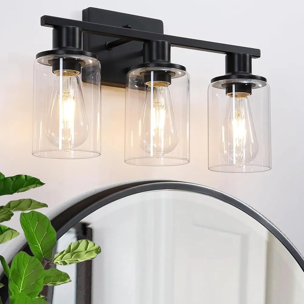 

Matte Bla Bathroom Light Fixtures Over Mirror,3-Light Bathroom Vanity Light With Clear Glass Shade,Modern Farmhouse Wall