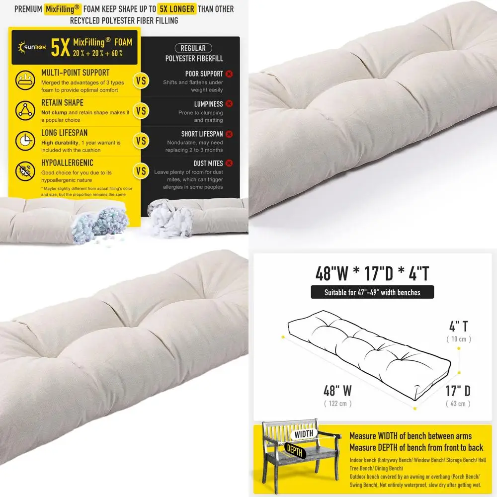 

Нескользящая подушка для скамейки из пены с эффектом памяти, FadeShield и водостойкая, для улицы/в помещении, кремовая, 48x16x4 дюйма