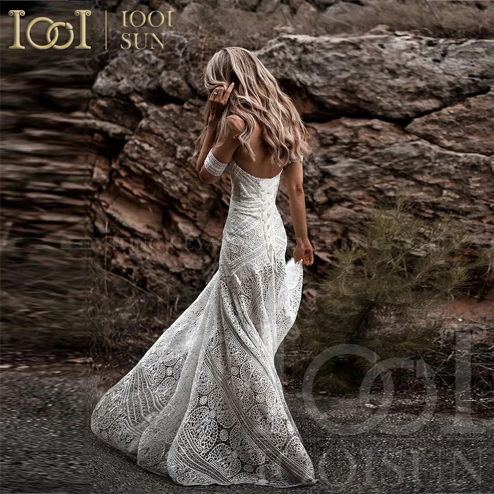 IOOISUN Fashion Lace Mermaid Wedding Dresses with Slit Boho Removeable Sleeve Sweethear Bridal Gown Vestido De Noiva Customized