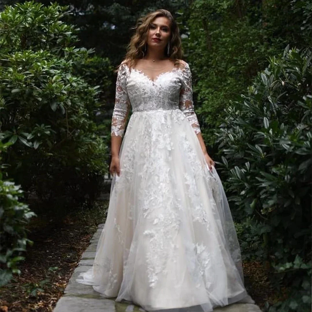 تخصيص مغرفة الدانتيل يزين ألف خط فستان الزفاف Vestidos De Noiva الأفريقي 3/4 طويلة الأكمام عارية الذراعين حديقة زي العرائس