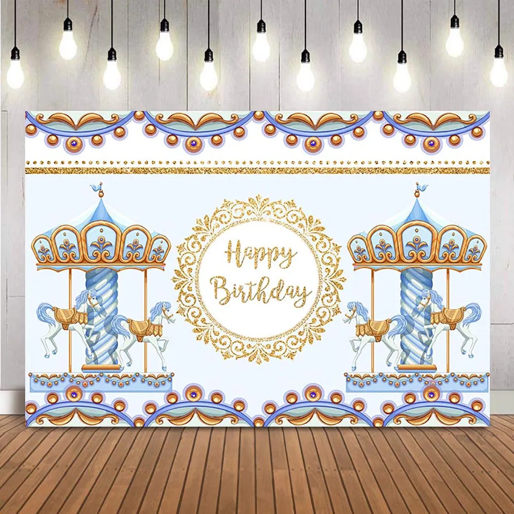 Happy Birthday Carousel Theme Party Background Blue Amusement Park Photo Backdrop Gold Glitter Decoration Kids Portrait Props