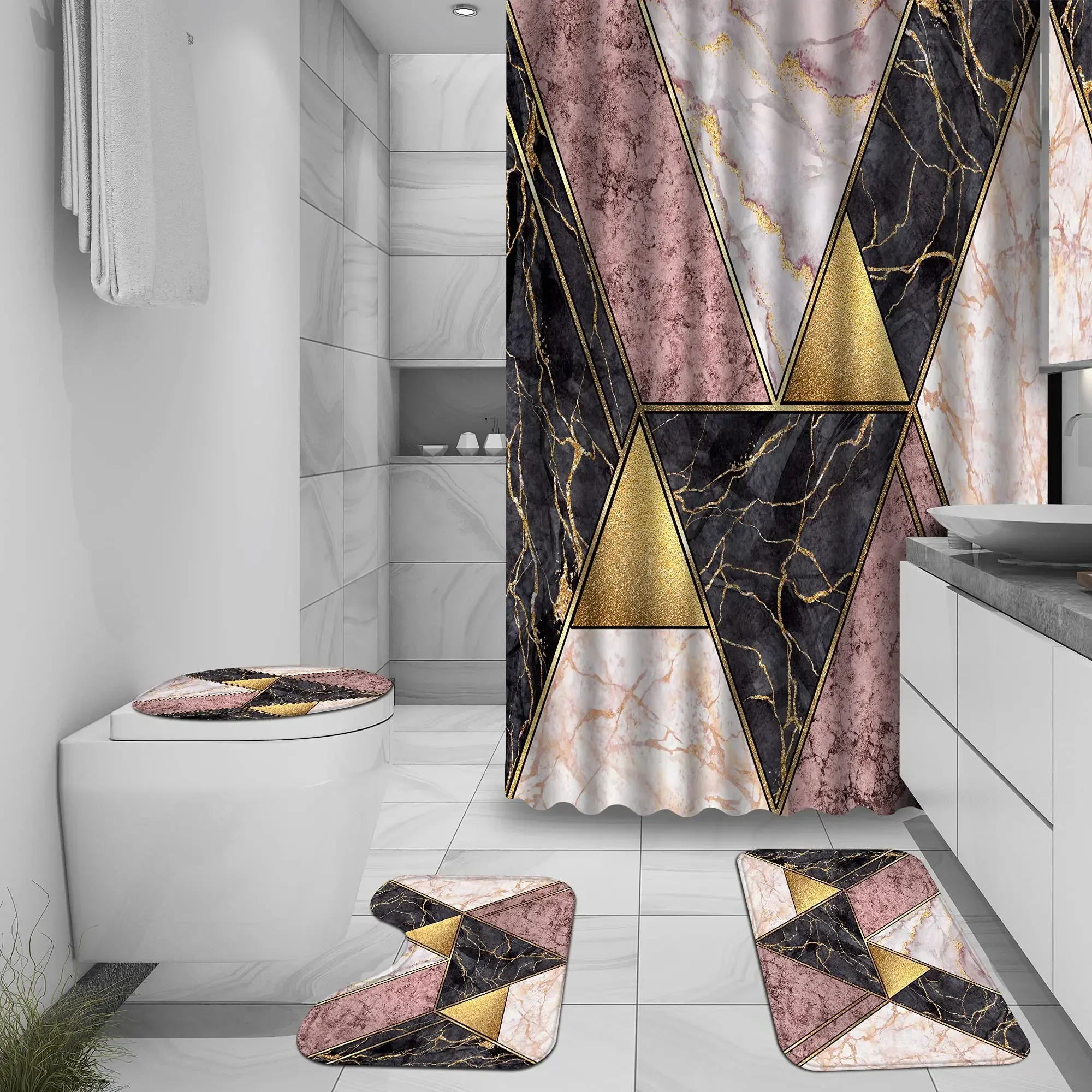 Geometric Marble Print Shower Curtain Bath Mat Set Soft Carpet Anti-slip Rug Toilet Lid Cover Bathroom  Modern Home Decor