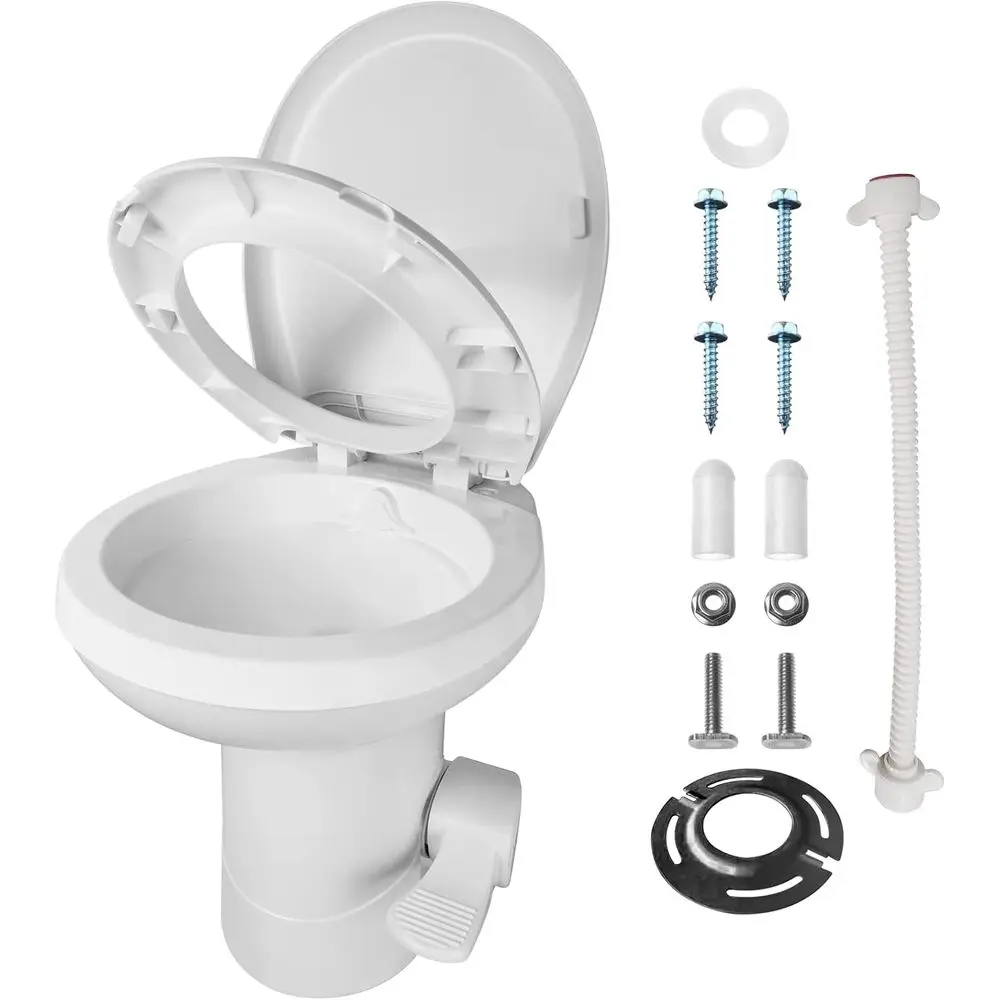 2026 New RV & Motorhome Toilet - Upgraded Pedal Flush, Gravity Flush with T-Style Outlets & Flange | Slow-Close Seat Cover