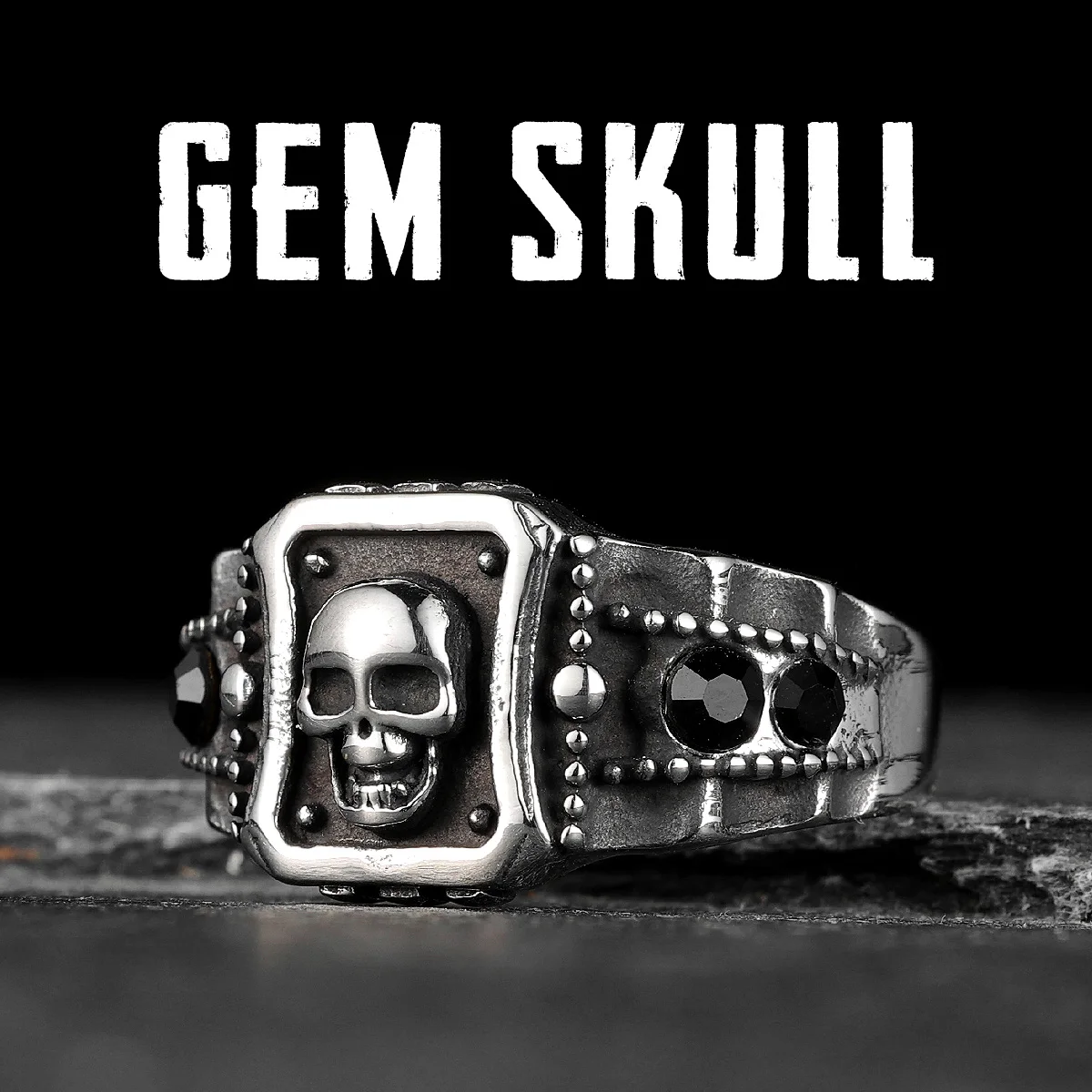 Black Gem Stone Skull Men Rings Stainless Steel Women Jewelry Punk Gothic Vintage Fashion Accessories Halloween Gift Wholesale