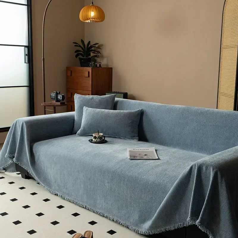 Solid Color Herringbone Sofa Cover with Tassels Luxury Multifunctional Blanket for All Seasons Anti Slip Protection Dust Cover
