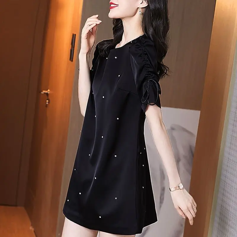 Elegant Shirring Bandage Bow Diamonds Mini Dress Women\'s Clothing 2023 Summer New Puff Sleeve Princess Dress