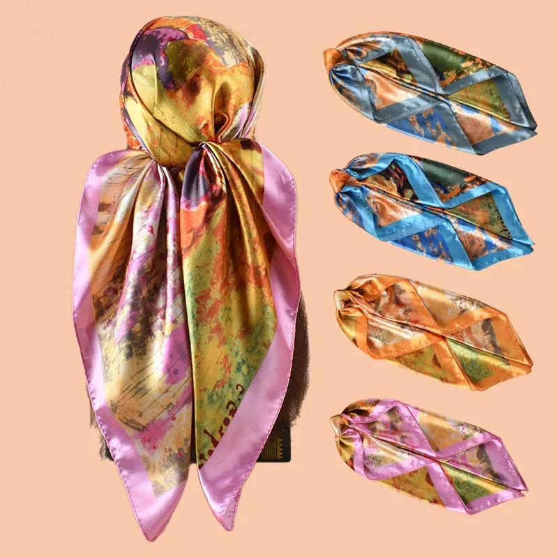 

New Fashion Scarves For Women Shawl Print Silk Satin Hijab Scarf Female Bandana Luxury Brand Square Shawls Scarfs For Ladie 90cm