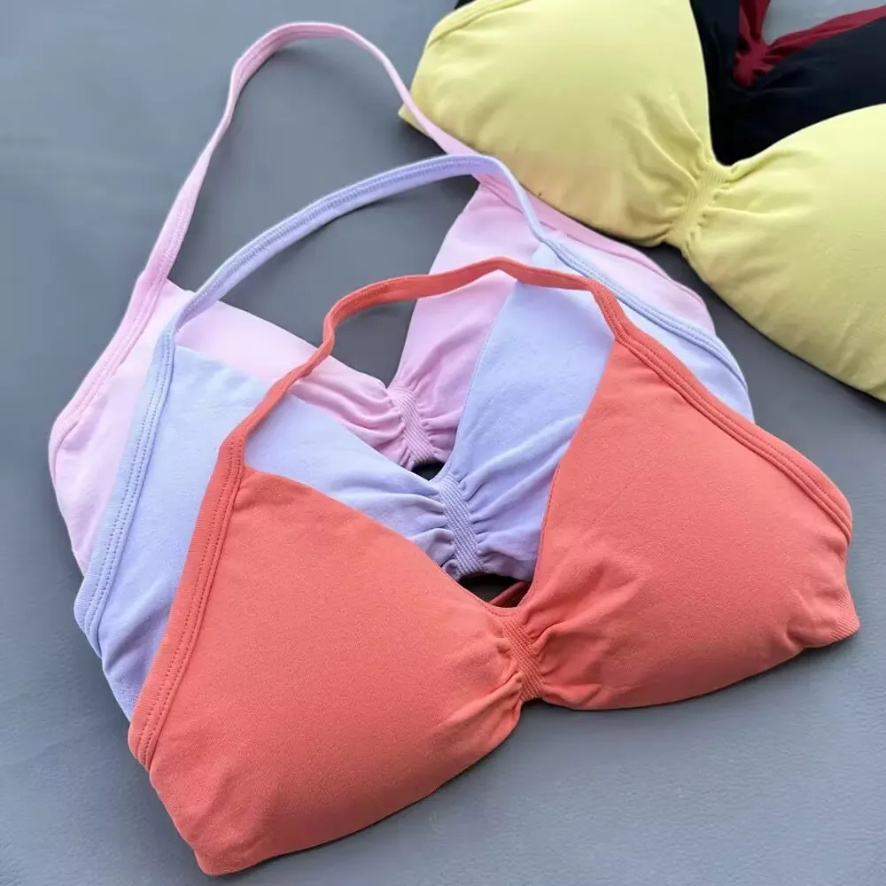 Women Sports Bra  Solid Color Strappy Backless Seamless Yoga Bra With Removable Cups Workout Clothing Gym Top Halter Sport Top