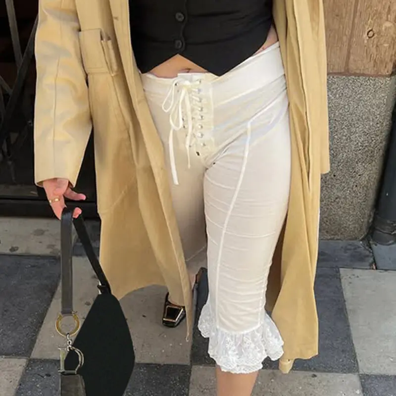 Girls' Style Lace Stitching Straps Five-point Pants Western-style Slim Joker Spice Girls Casual Pants