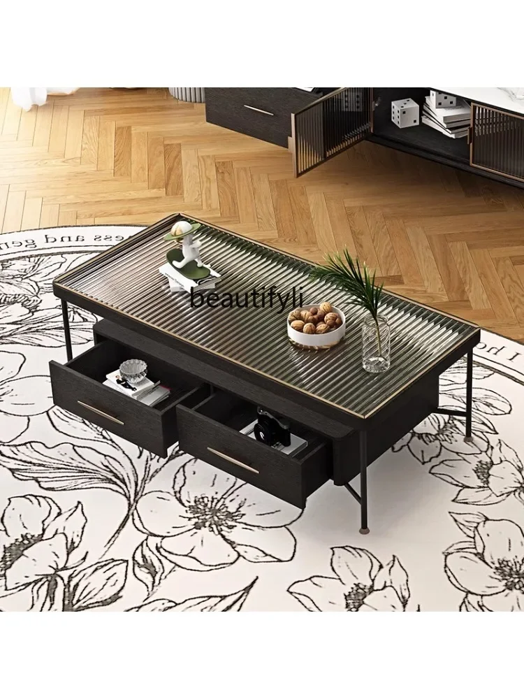 Mid-Ancient Solid Wood Coffee Table Home Small Apartment Light French Living Room Locker Light Luxury Changhong Glass Tea Table