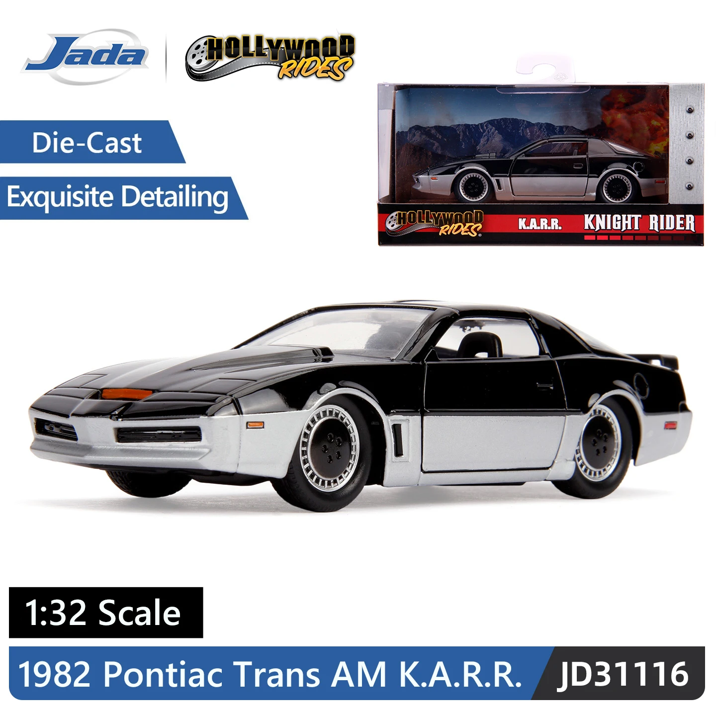 JADA 1:32 Hollywood Rides K.A.R.R. – 1982 Pontiac Trans Am (Knight Rider) with Opening Doors & Rubber Tires JD31116