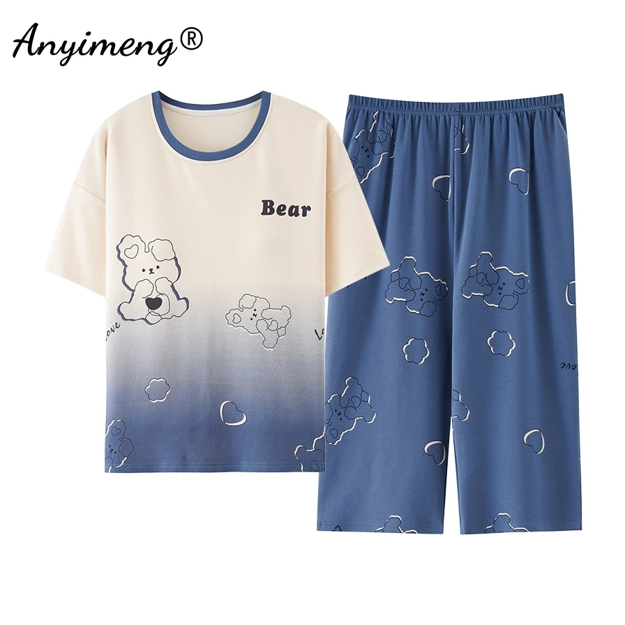 Summer Capris Pajamas Cute Cartoon Print Pajama for Women Fashion Pyjamas Soft Cotton Pijamas Plus Size M-5XL Sleepwear