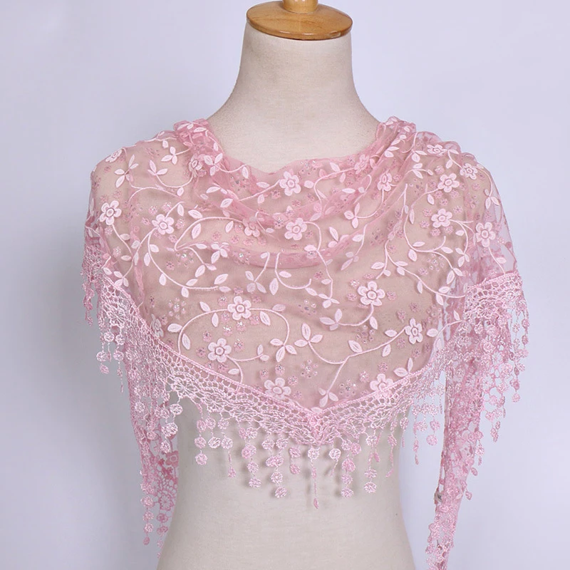 Romantic Tassel Shawl Lace Floral Scarf Sexy Mesh Clothing Accessories Women Summer Outdoor Sun-Proof Retro Kerchief 150x40cm