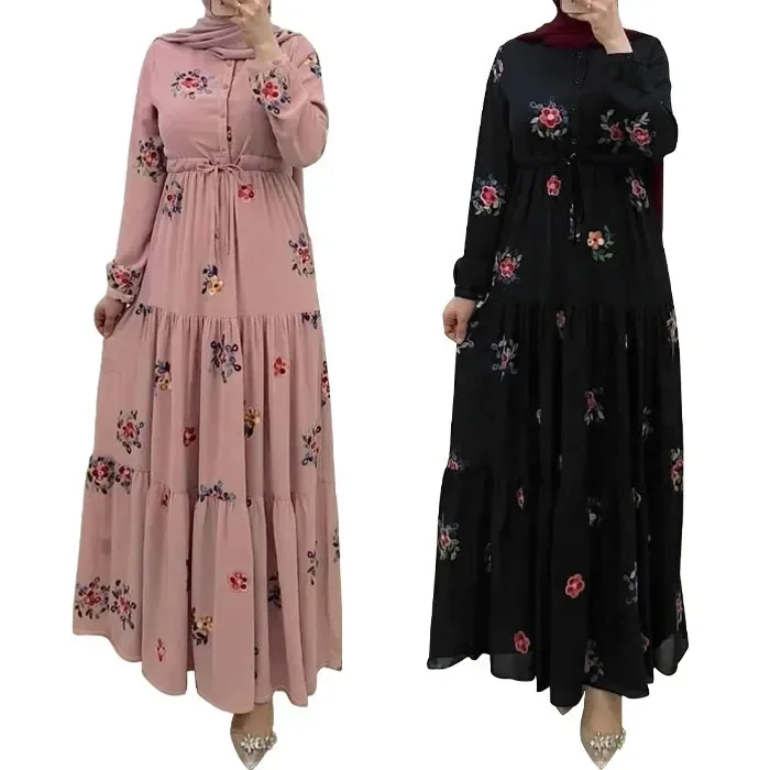 Long Sleeve Lace-up Kaftan Embroider Slim-fit Maxi Dresses for Women Abaya Dubai Islam Muslim Dress Women Robe Elegante Femme