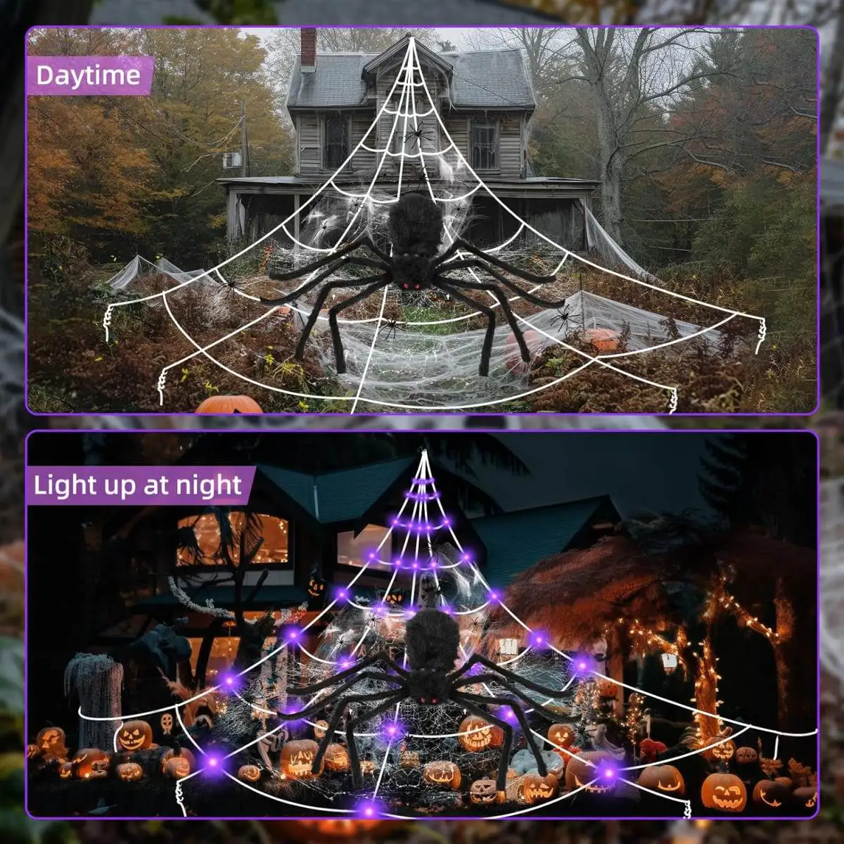 مجموعة واحدة من شبكة العنكبوت للهالوين وأضواء زخرفية شبكة عنكبوت عملاقة مع عنكبوت واقعي مخيف لتزيين حديقة المنزل والهالوين
