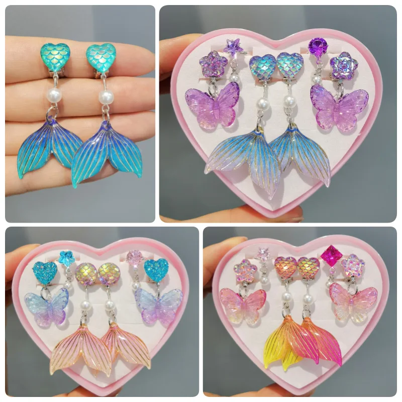 Kids Clip Earrings Set Mermaid Princess Non-Piercing Ear Cuffs + Rings Hypoallergenic Gift for Girls
