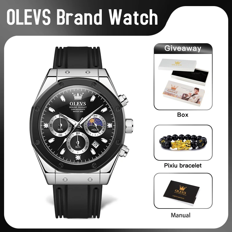OLEVS 9911 ساعة رجالي أصلية ساعة كوارتز مقاومة للماء للرجل القمر المرحلة سيليكون حزام ساعة كرونوغراف متعددة الوظائف