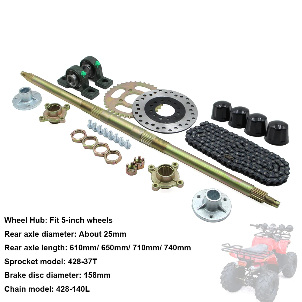 610-740mm 23T-28T Rear Axle Kit With 428-37T Sprocket 140L Chain 158mm Brake Disc For DIY Quad Go Kart ATV Buggy Tricycle Parts