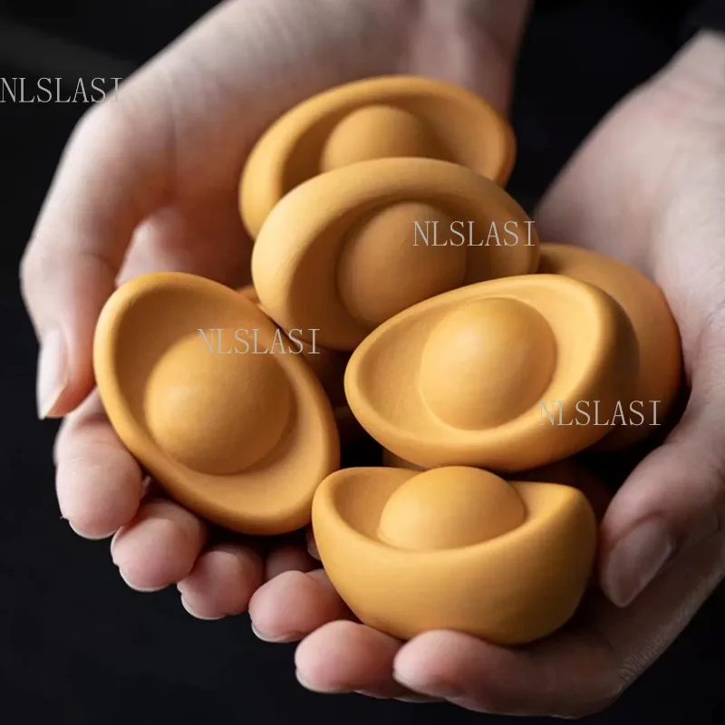 Purple Clay Gold Ingot Tea Pet Chinese Traditional Yuan Bao Ornament Mini Ceramic Wealth Figurine Desktop Tea Table Decor