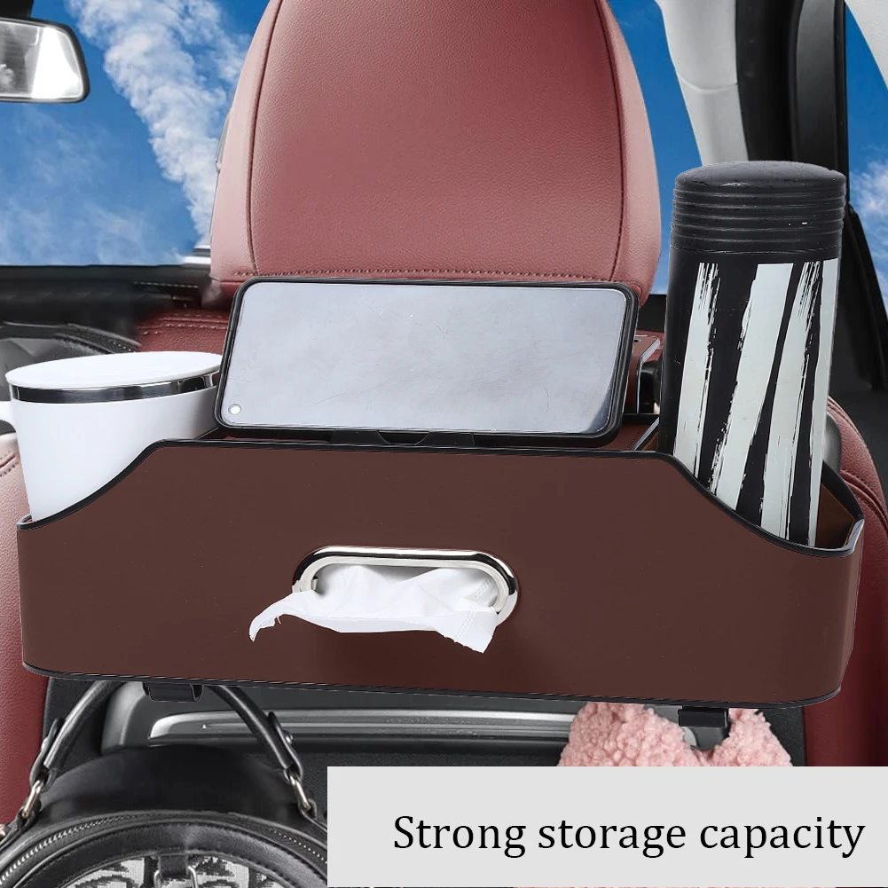 

Car Headrest Backseat Organizer Partition Design Multi-functional Storage Box With Cup Holder Tissue Box Headrest Hook Wholesale