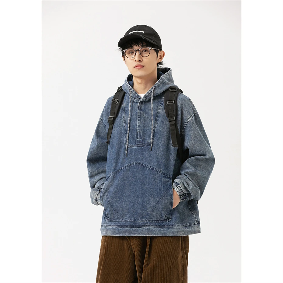 Vintage Denim Jacket Men and Women Harajuku Half Zip Casual Hoodies Oversized Japan Streetwear Washed Blue Hooded Jeans Jackets