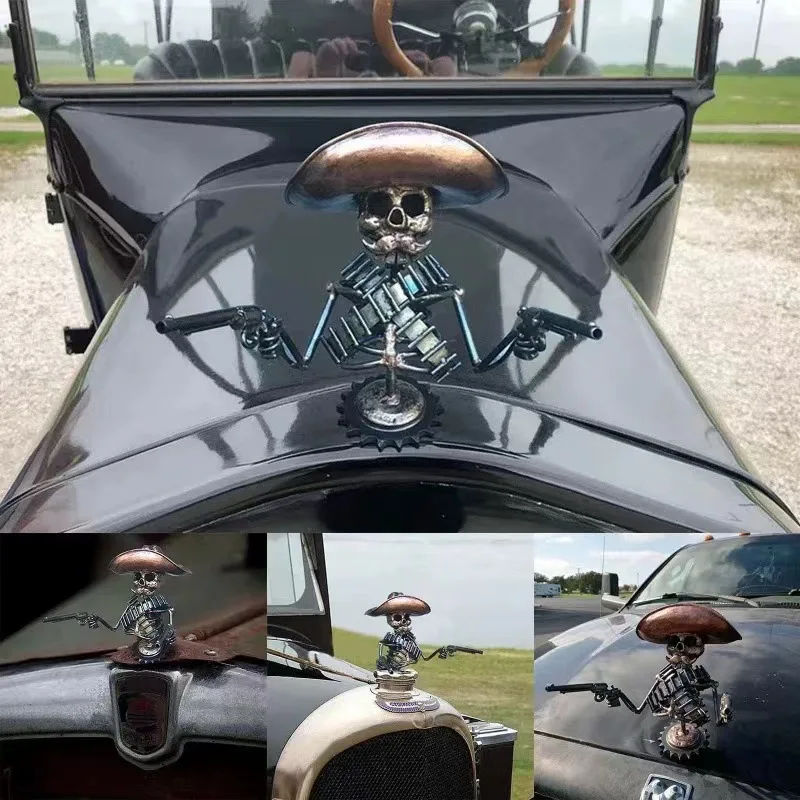 Skeleton Automotive Emblems Cowboy Skull Gunslinger Hood Ornament Resin Sculpture Vintage Vehicle Exterior Accessories Prop