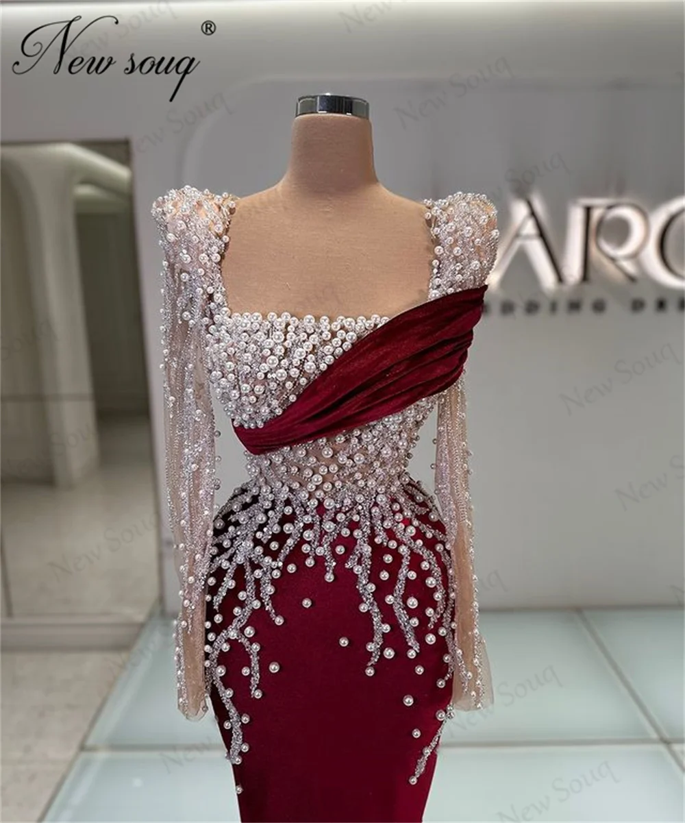 Simple Burgundy Beaded Cocktail Dresses 2025 Customized Long Sleeves Wedding Party Dress Pearls Evening Dresses Vestido Blanco