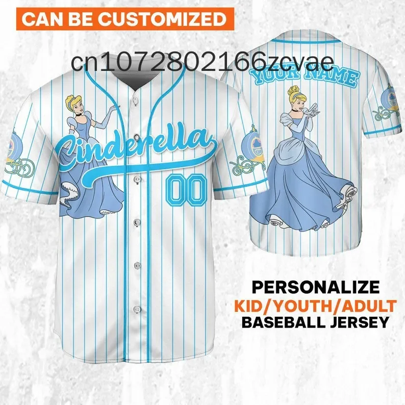 Disney Princess Cinderella Baseball Jersey Mens Women Custom Name Disney Baseball Uniform Casual Sports Shirt